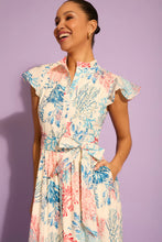Load image into Gallery viewer, London Times Ruffle Neck Flutter Sleeve Coral Print Maxi
